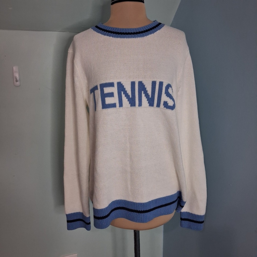 Sail to Sable STS Tennis Intarsia Knit Sweater White Blue Preppy Crewneck Large